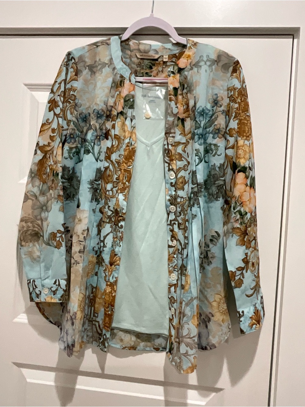 Soft Surroundings Baroque Top & Cami Aqua Floral Sheer Button-Down with Tank NEW